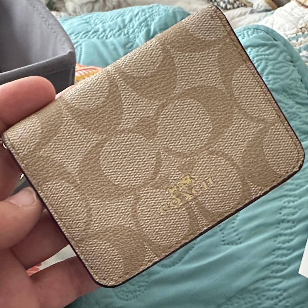 Coach Beige Signature Card Holder with keychain wallet